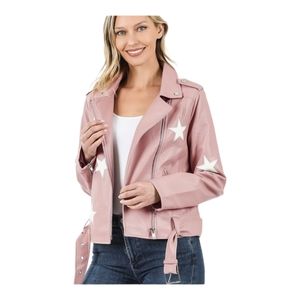 🔥New Zenana Vegan Leather Blush/ Star Patch Belted Moto Jacket *Various Sizes*